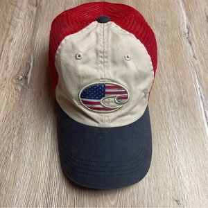Costa del Mar Red White Blue Trucker Hat Mesh Cap US Flag Logo Adjustable Men’s